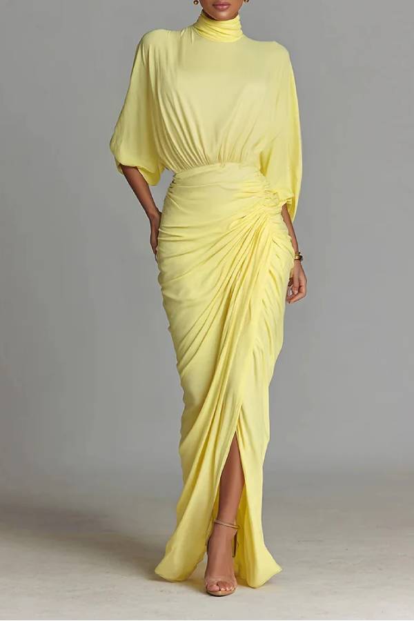 Bright Yellow Drape Comfortable Blended Maxi Dress