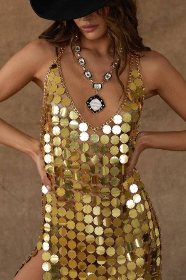 Halter Sequin Metal Chain Cut‑Out Mini Party Dress