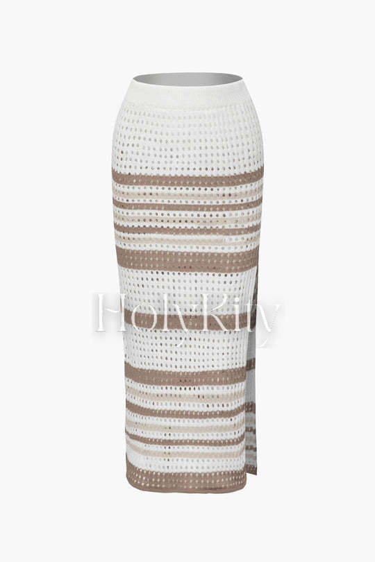 Stripe Openwork Knit Crop Tank Top And Slit Midi Skirt Set