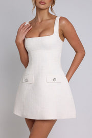 Square Neck Cinch Waist Faux Flap Pockets Mini Slip Dresses-White