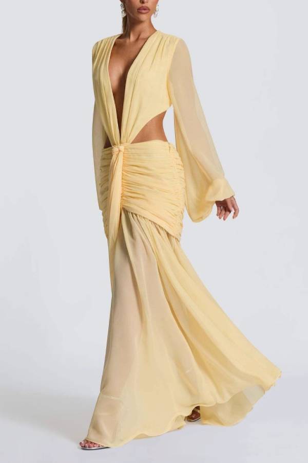 Deep V Lantern Sleeve Chiffon Cutout Maxi Evening Dress