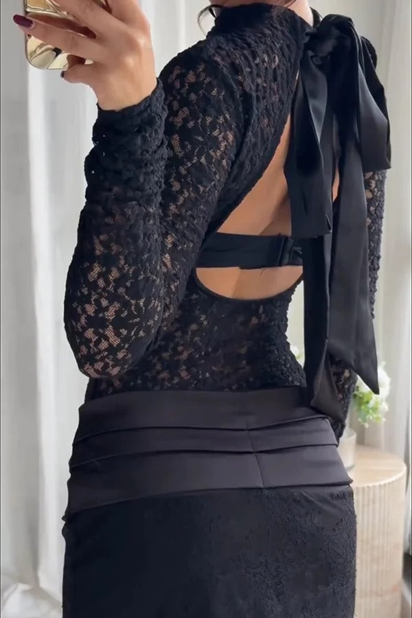 Anna Semi-sheer Lace Long Sleeve Back Bow Tie-up Cutout Stretch Bodysuit
