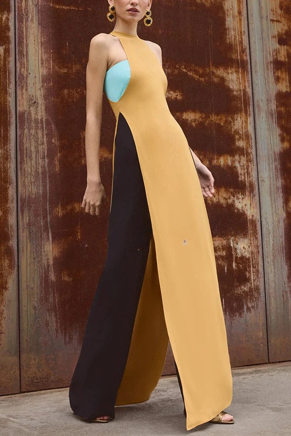 Fashionable Contrast Color Stitching Sleeveless Slim Maxi Dress