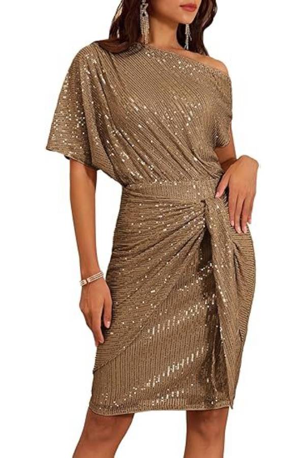 One-shoulder sequined twisted fitted party dress