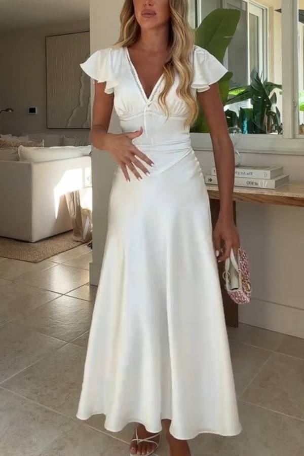 Lace Trim V Neck Flutter Sleeve Satin Midi Dress