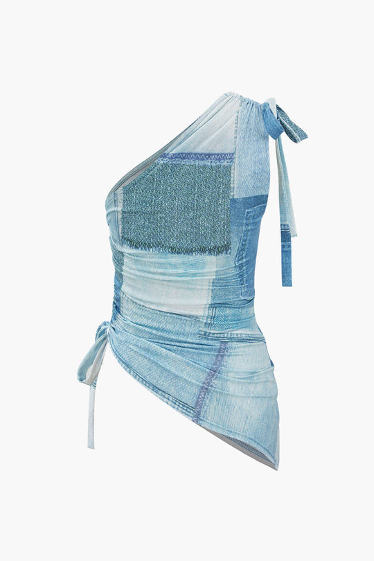 Asymmetrisches Oberteil mit Kordelzug im Jeans-Print 