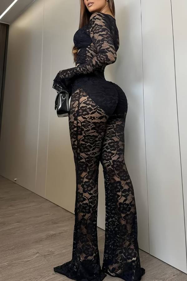 Cut‑Out O‑Ring Lace Long Sleeve Flare Pants Two‑Piece Set