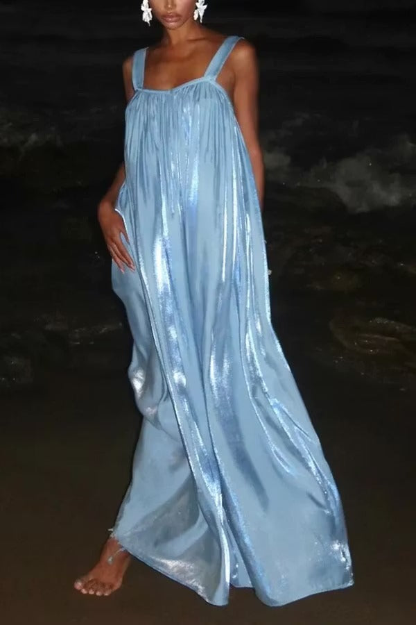 Pearlescent Luster Satin Wide Strap Open Back Loose Maxi Dress