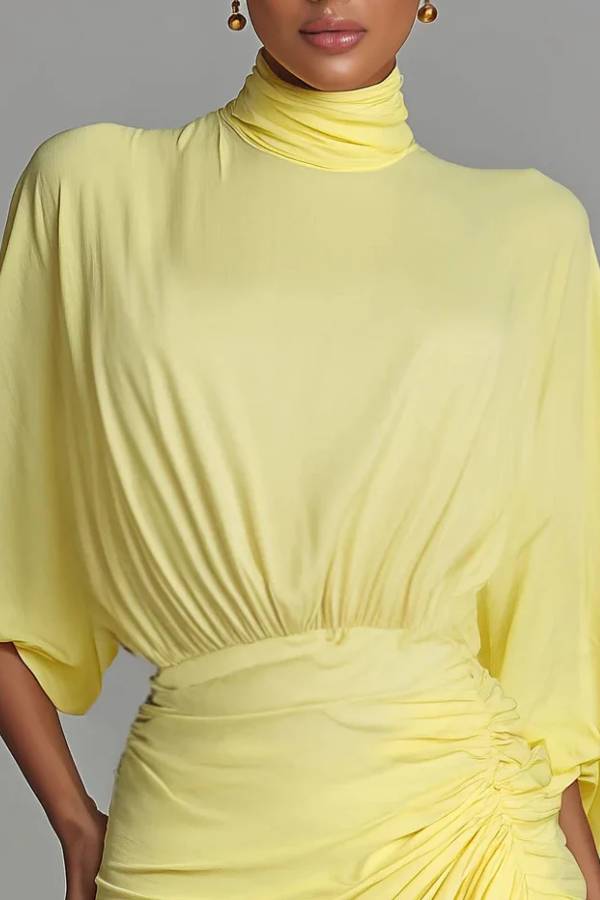 Bright Yellow Drape Comfortable Blended Maxi Dress