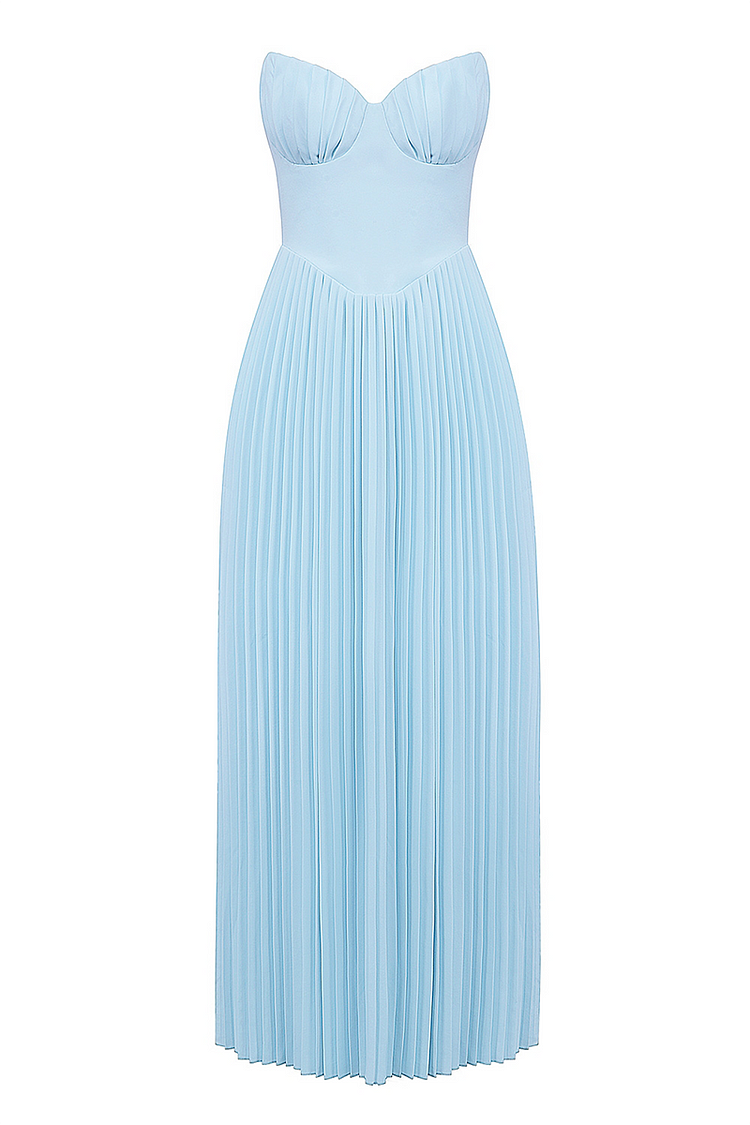 Strapless Cinch Waist Pleated Maxi Dresses