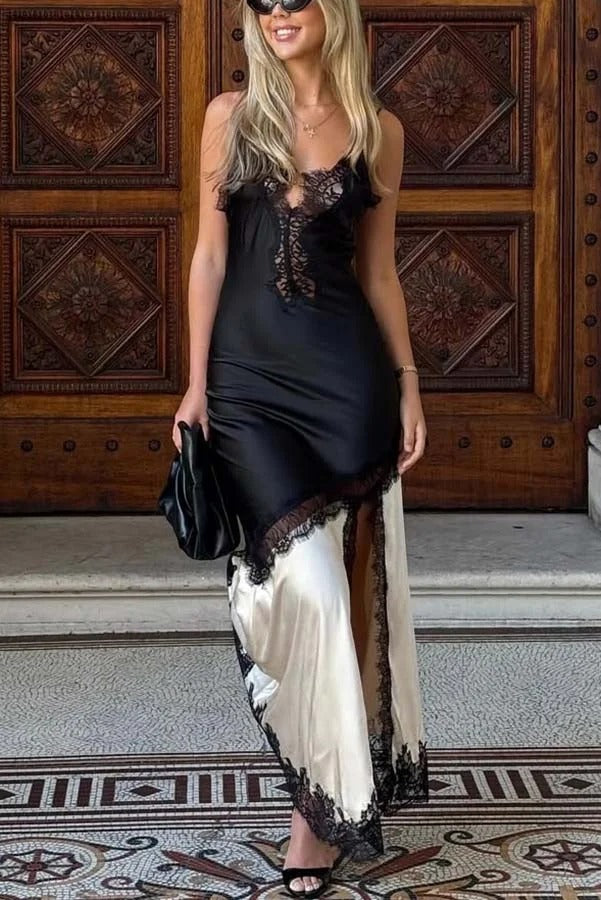 Soft and Romantic Satin Lace Trim Colorblock V-neck Side Slit Maxi Dress