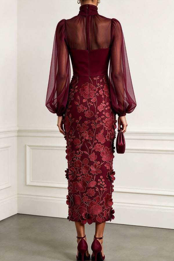 Tanie Tulle High Neck Long Lantern Sleeve 3D Floral Appliqués Hem Midi Dress