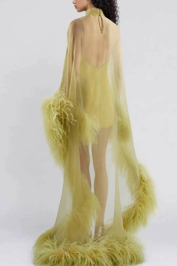 High‑Neck Tulle Feather Train Evening Gown