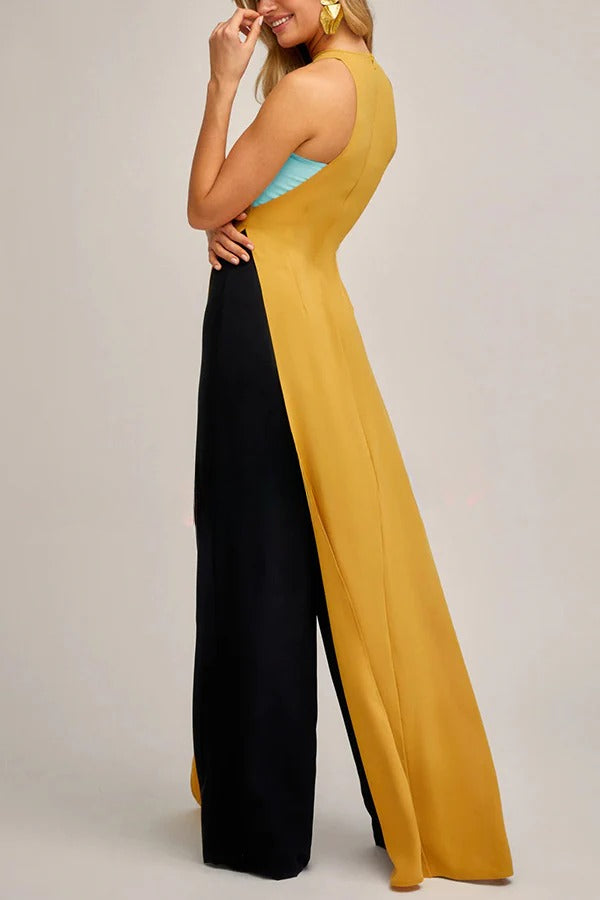 Fashionable Contrast Color Stitching Sleeveless Slim Maxi Dress