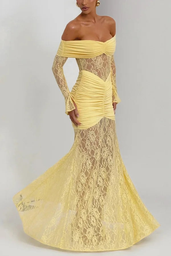Solid Color Patchwork Lace Off-shoulder Long-sleeved Pleated Slim-fit Maxi Dress
