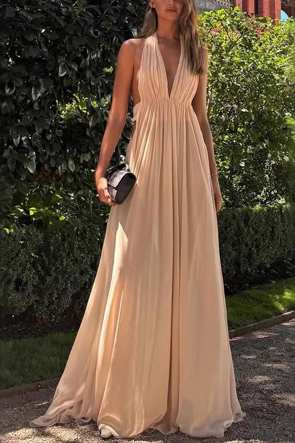 Nude Beige Halter Neck Deep V Backless Empire Waist Flowy Maxi Dress