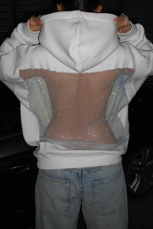 Fashionable Shiny Mesh Hollow Back Loose Long-sleeved Hooded Sweatshirt