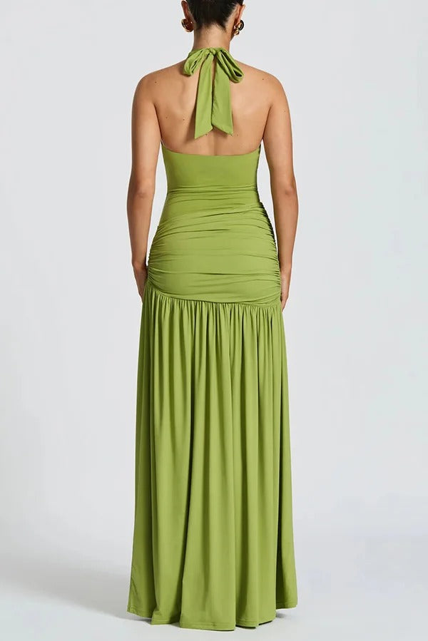 Solid Color Halter Neck Backless Slim Fit Pleated Slit Maxi Dress