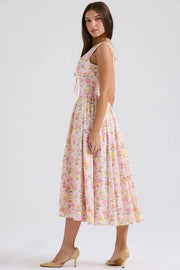 Sleeveless V Neck Cinch Waist Floral Print Midi Dresses