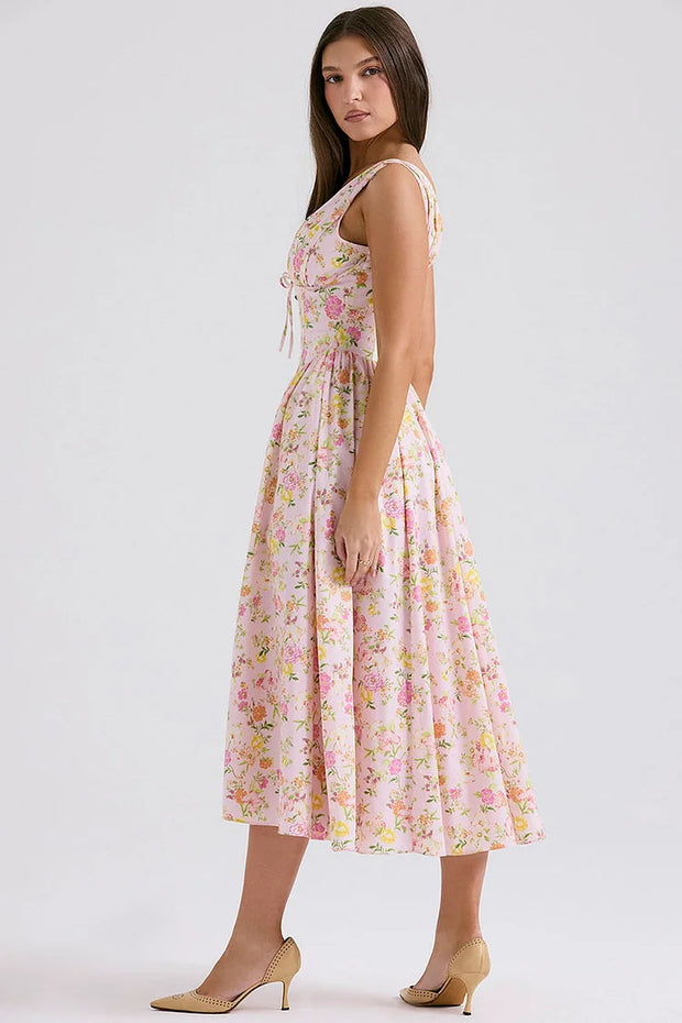 Sleeveless V Neck Cinch Waist Floral Print Midi Dresses