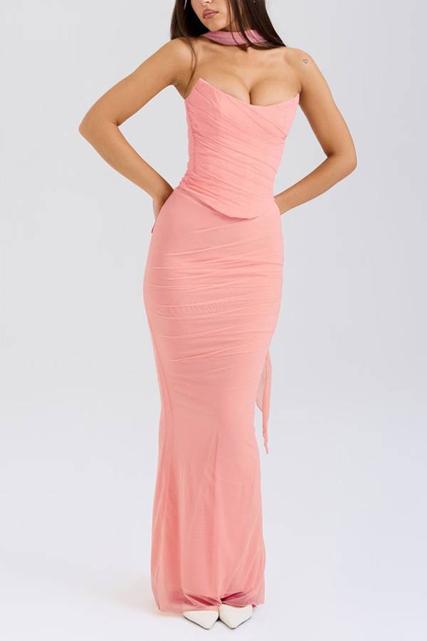 Halter Sash Strapless Ruched Mesh Mermaid Maxi Gown