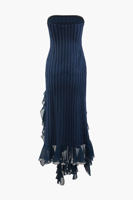 Robe longue bustier à volants et détails effilochés 