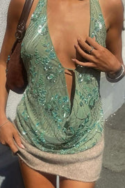 Plant Sequin Sexy Elastic Backless V-Neck Top