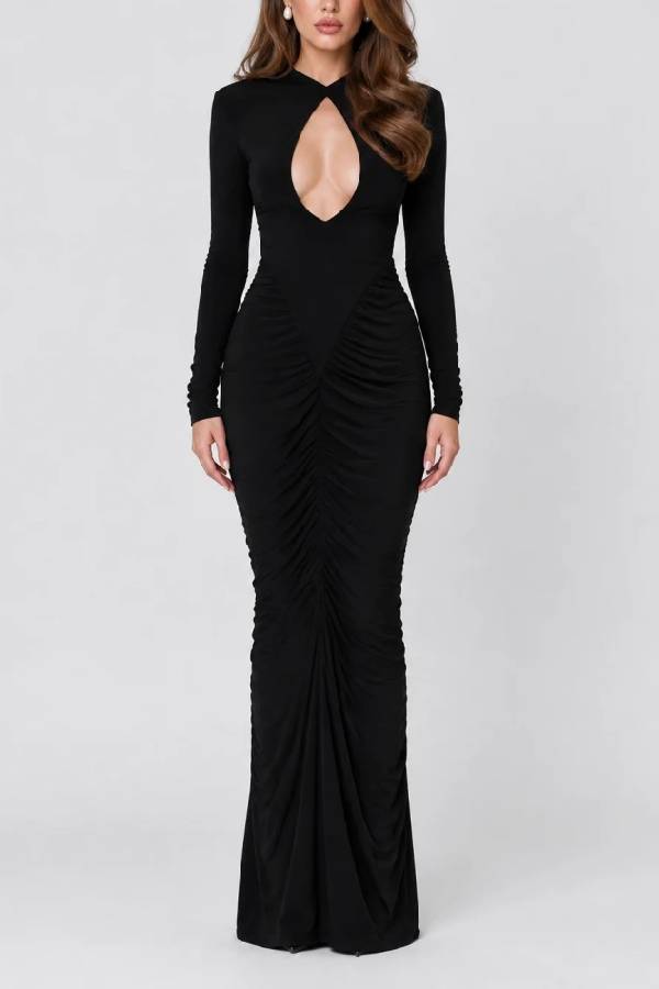 Black Long Sleeve Cutout Front Ruched Fishtail Maxi Evening Dress