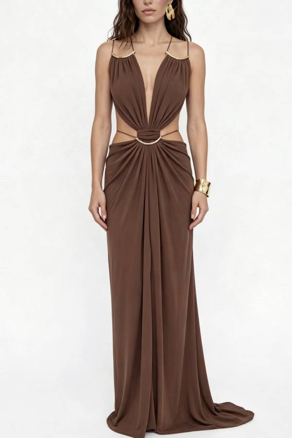 Metal Ring Deep V Cutout Waist Draped Maxi Vacation Party Dress
