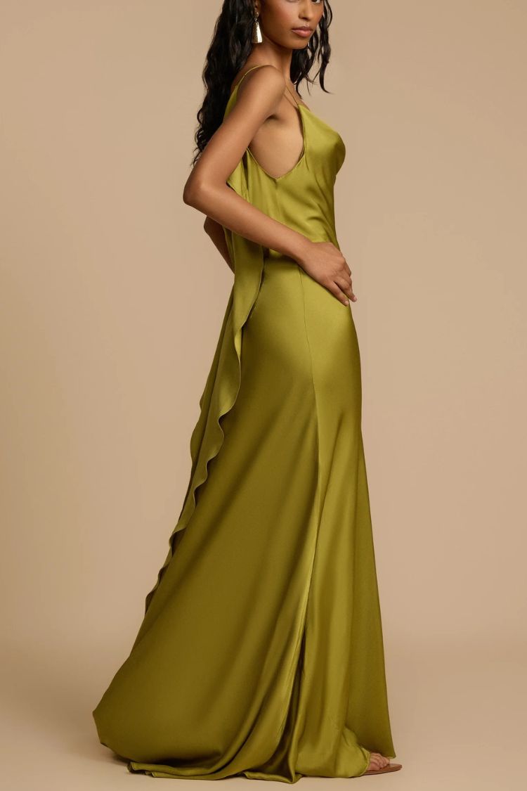 Evening Date Satin Cowl Neck Drape Ruffle Backless Bias Cut Party Maxi Dress