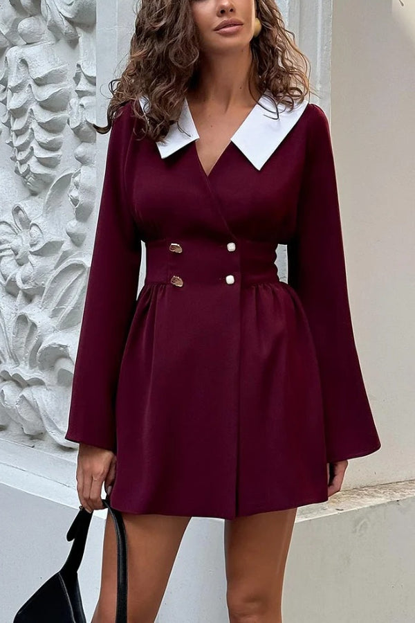 Color Block Cinch Waist Turndown Collar Mini Dresses-Burgundy[Pre Order]