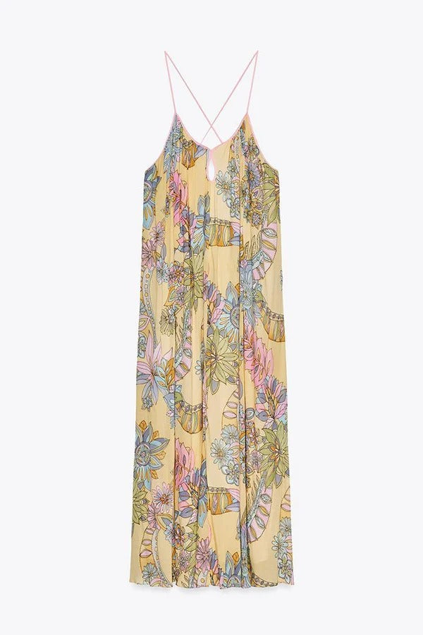 Plant Print Halter Back Loose Holiday Maxi Dress