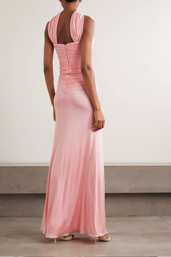 Pink Halter Twist Draped Maxi Evening Gown