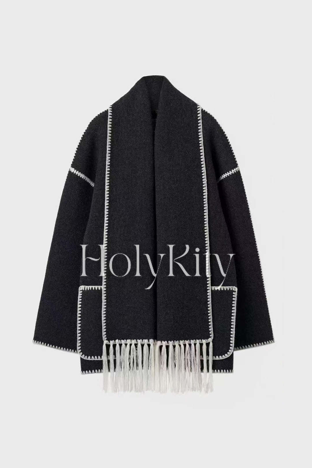 Manteau en laine mélangée à bordure contrastante avec écharpe à pompons 