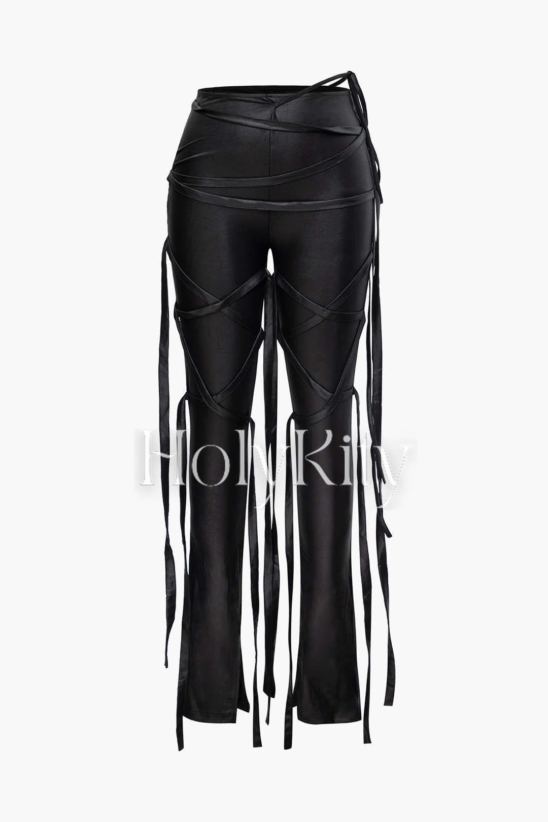 Ensemble débardeur asymétrique en similicuir et pantalon skinny à franges 