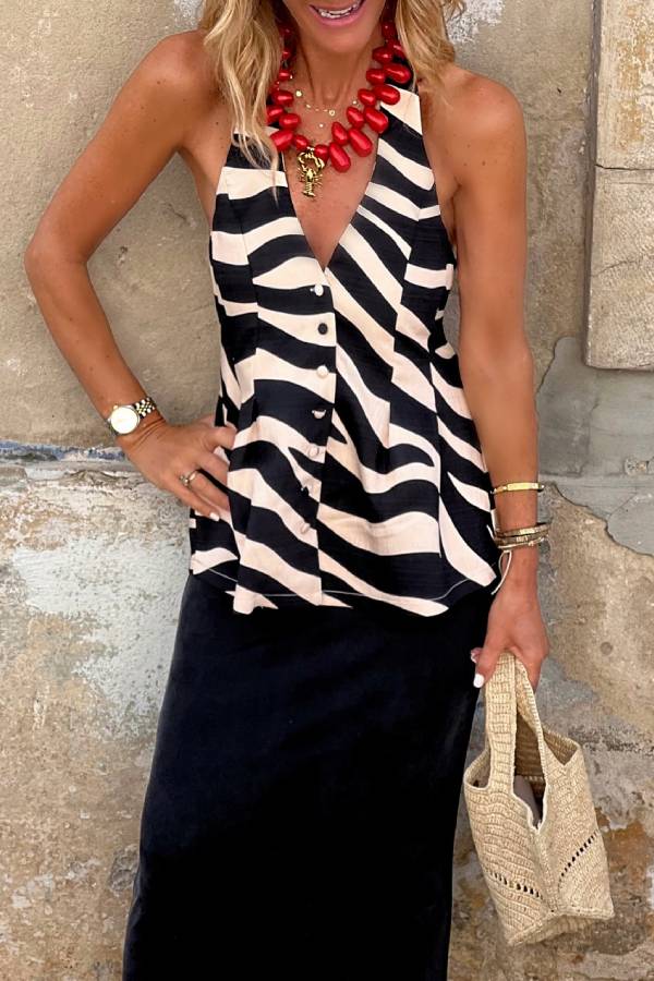 Zebra Print Halter Neck Plunge V-Neck Tank Top