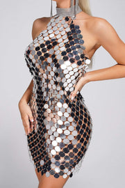 ROUNDED SEQUINS RHINESTONE STAND COLLAR BACKLESS BODYCON PARTY MINI DRESSES