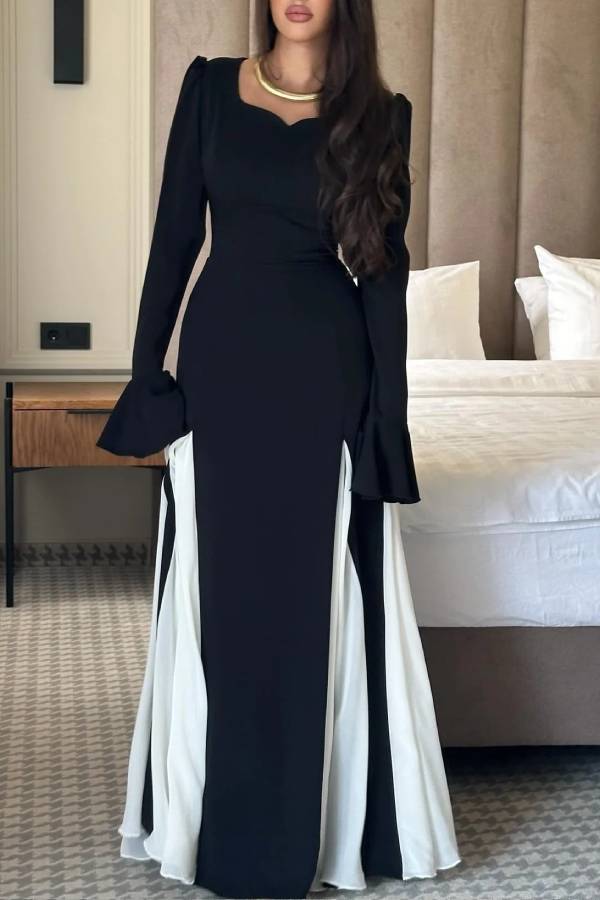 Black And White Flared Long-sleeved Maxi Dress