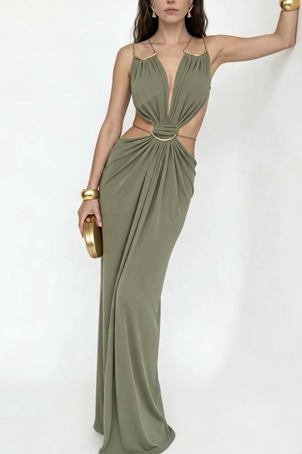 Metal Ring Deep V Cutout Waist Draped Maxi Vacation Party Dress