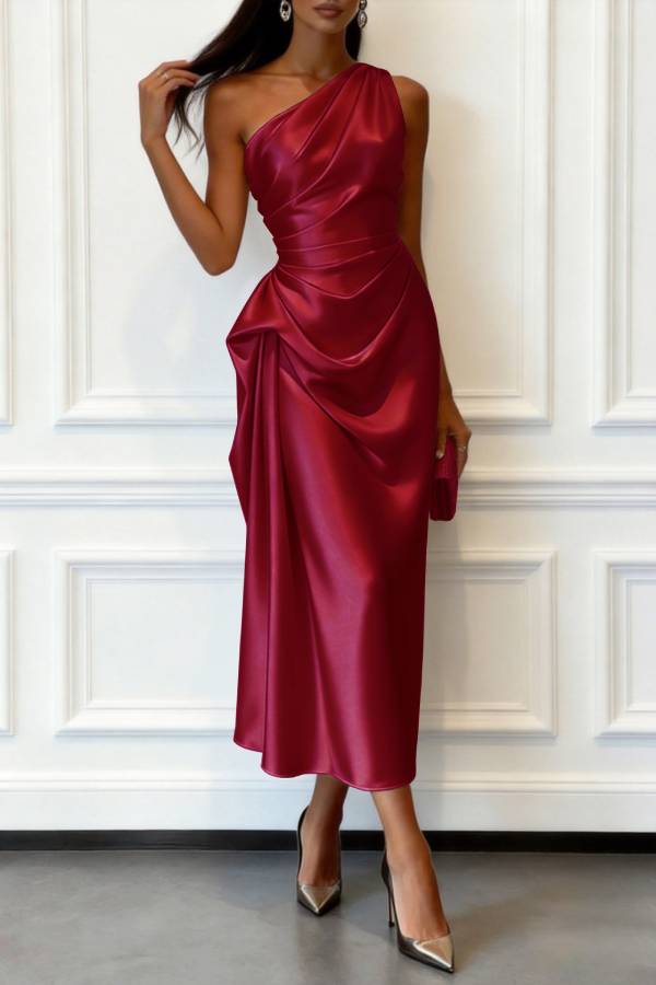 Multi-Color Satin One-Shoulder Ruched Side Draped Midi Formal Dress