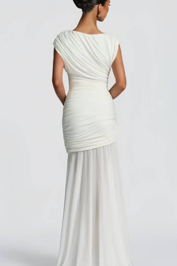 Draped Off Shoulder Ruched Waist Mesh Panel Maxi Evening Gown