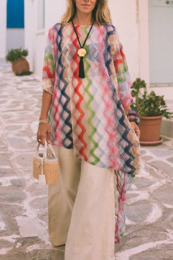 Sun Washed Knit Colorful Zigzag Pattern Asymmetric Hem Loose Cover-ups Kaftan