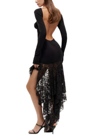 Sexy Backless Gathered Lace Panel Maxi Dress