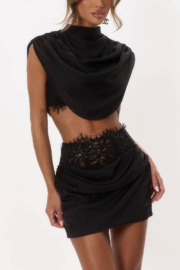 Draped Satin Cape Crop Top & Lace Corset Ruched Mini Skirt 2 Piece Set