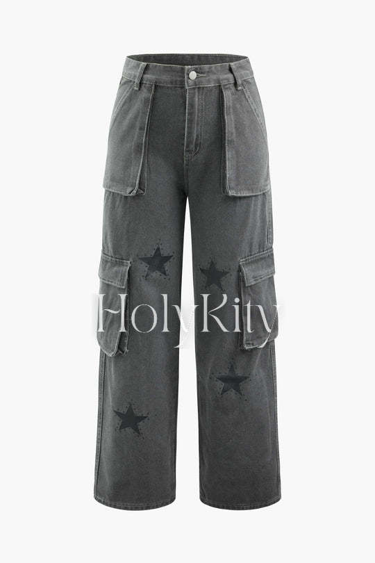 Star Print Wide Leg Cargo Jeans
