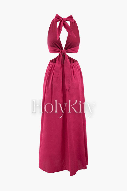 Linen-Blend Tie Back Cut Out Halter Maxi Dress