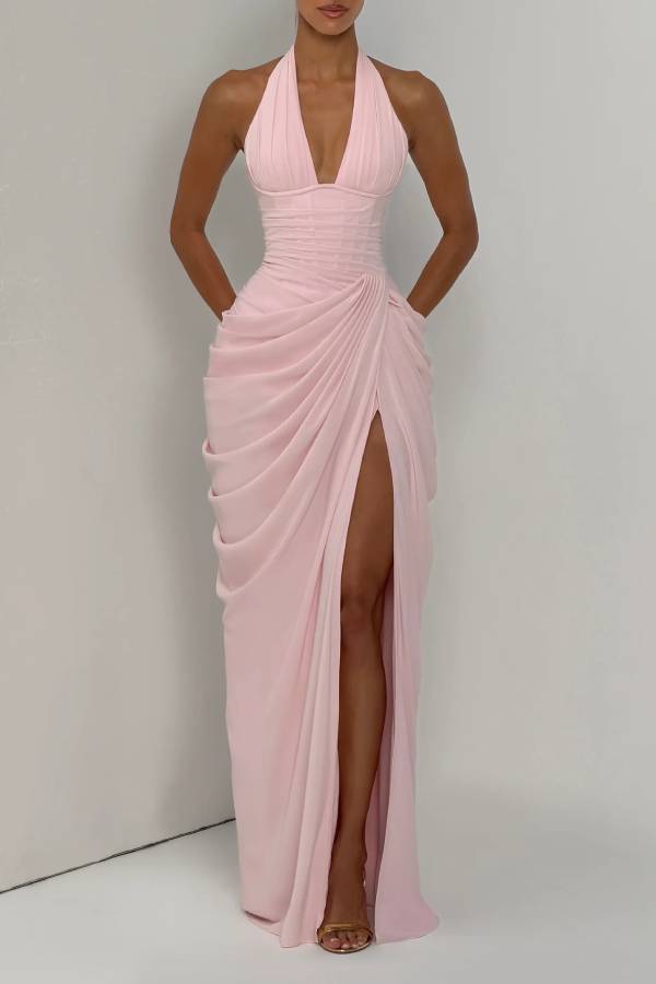Minette Halter Back Lace-up Asymmetrical Pleats Slit Maxi Dress