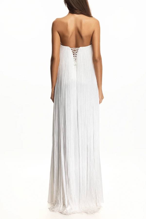 Strapless Long Fringe Evening Gown