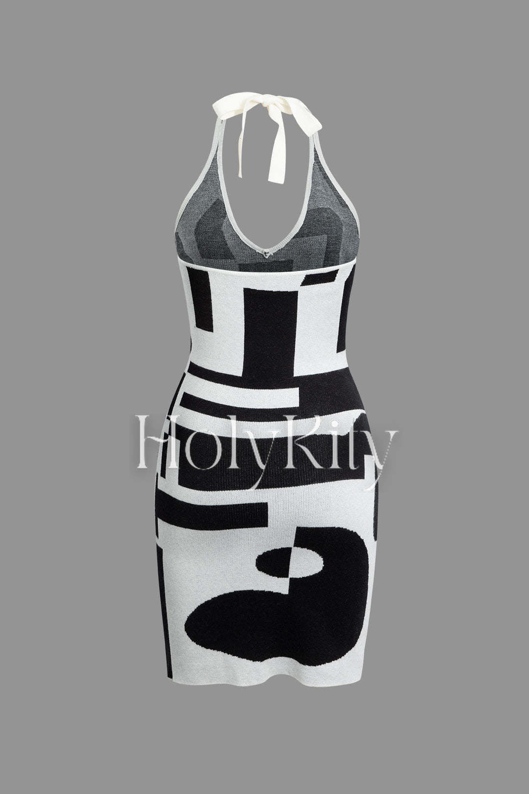 Mini-robe en tricot à motif contrasté, col en V, nouée et dos nu 