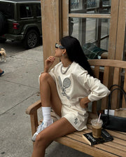 Vintage Casual Embroidered Sweatshirt And Sports High-waisted Shorts Set